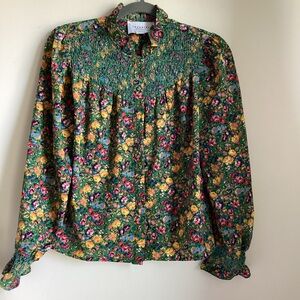Rochelle Behrens The Shirt Smocked Floral Blouse Small Green Puff Sleeve Boho